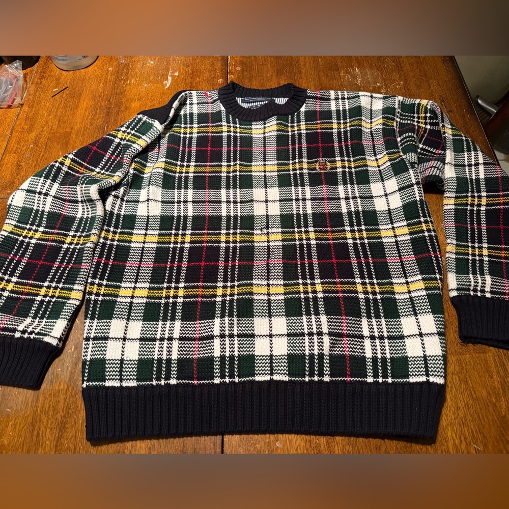 Vintage Tommy Hilfiger Sweater Sz L Green Red Plaid Cotton Crewneck Pullover 90s
